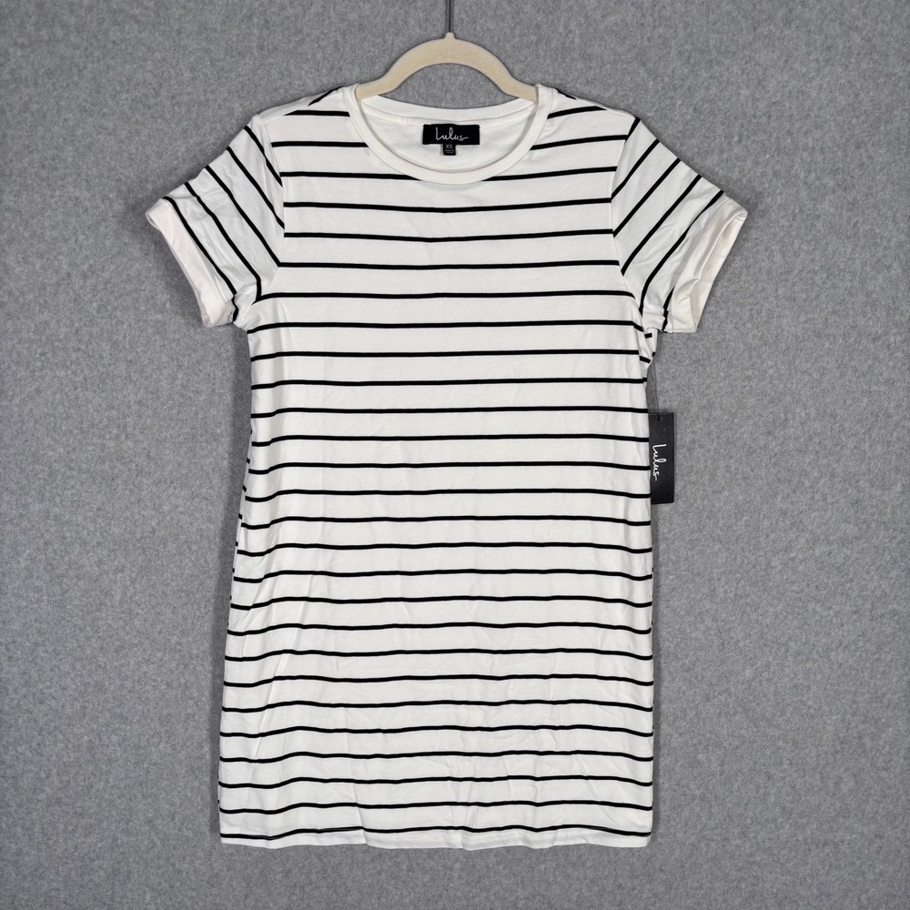 NEW Lulus Cafe Society‎ Shirt Dress XS White Black Striped Comfort Lounge Preppy